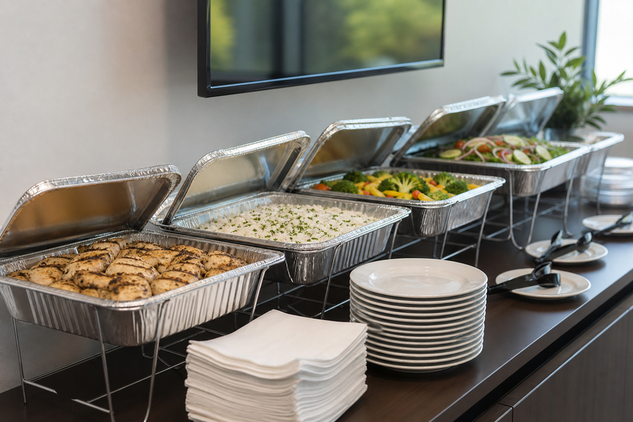 Elegant catering setup with beautifully arranged dishes and beverages